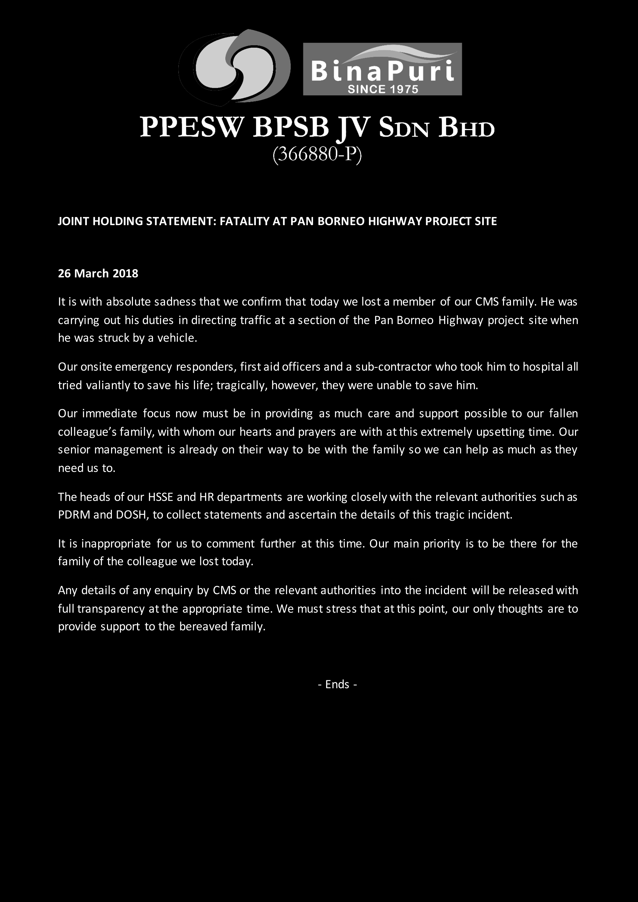 JOINT HOLDING STATEMENT: PAN BORNEO HIGHWAY PROJECT SITE FATALITY