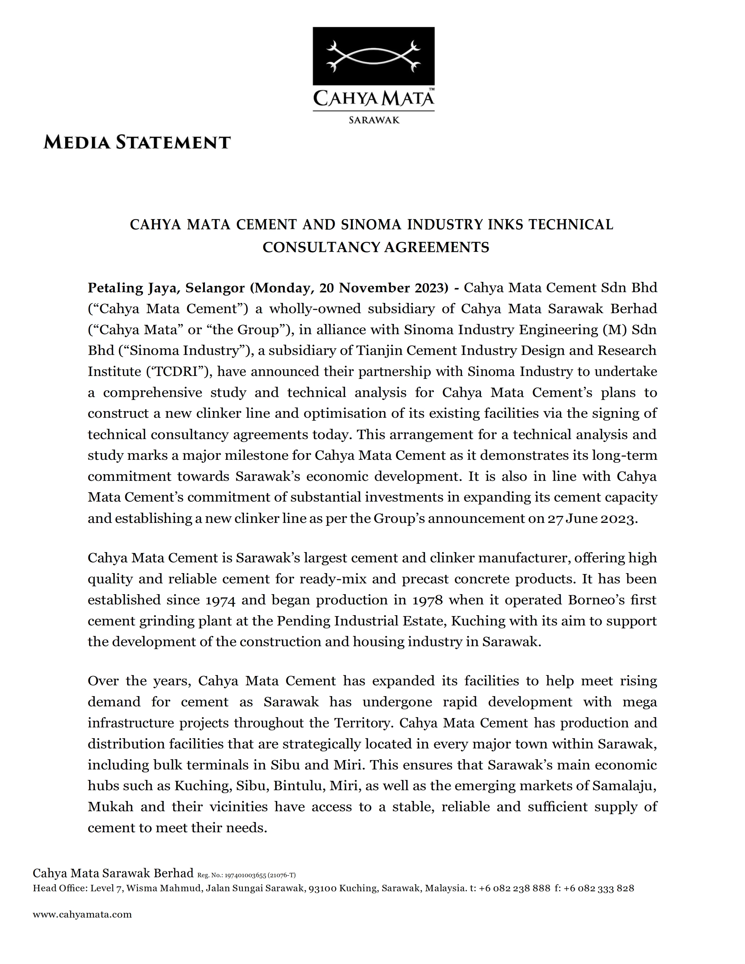 23-Nov20- Cahya Mata Sarawak-Cahya Mata Sarawak And Sinoma Industry Engineering Technical Contract Signing_Press_Release_English_Final_Version_001